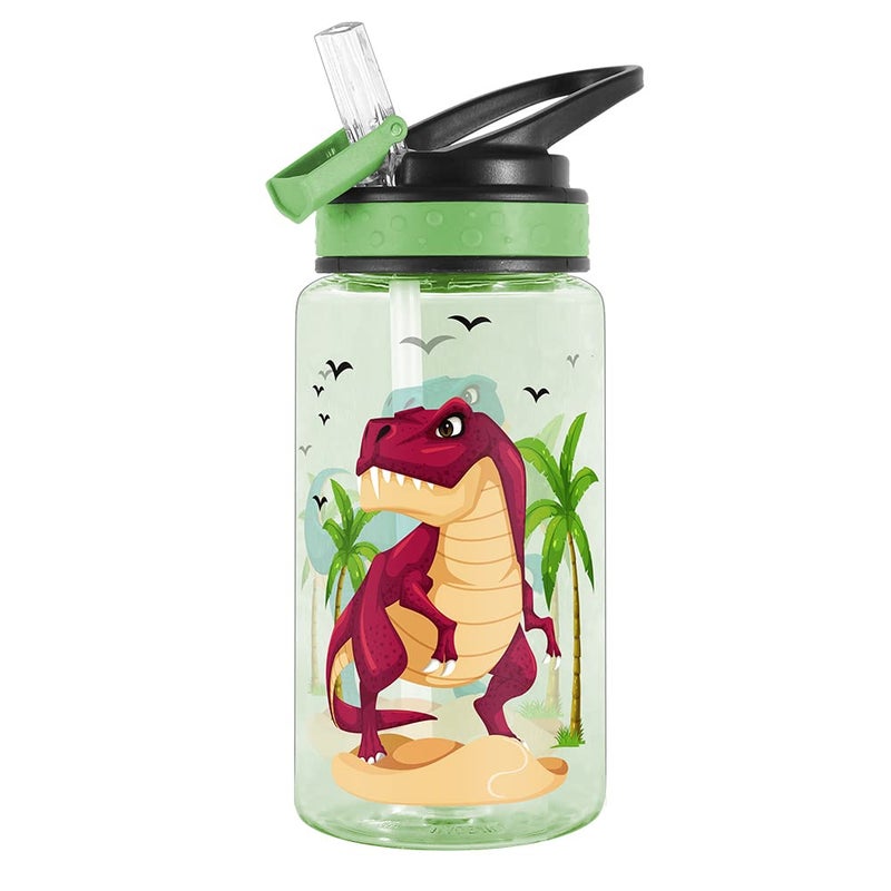 Home Tune 15oz Water Bottle for Kids Girls Boys School, BPA Free, Leak Proof Flip Straw, Carry Loop, Easy Clean - Dinosaur - Image 1